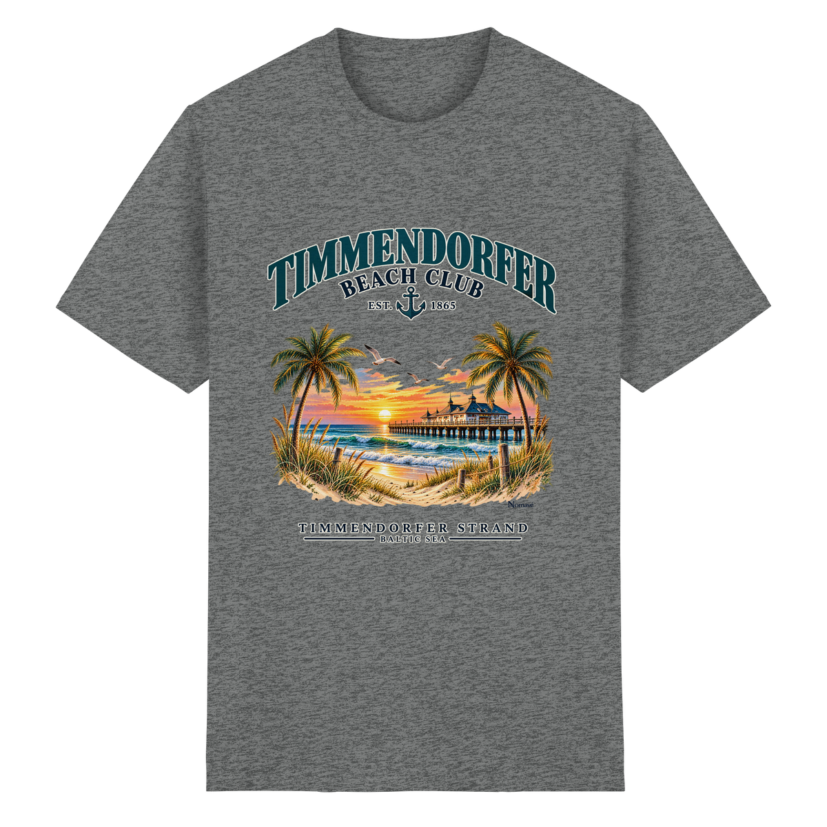 Originalmockup: Timmendorfer Beach Club Unisex Baumwoll-T-Shirt in Graphite Heather, Vorderansicht mit maritimem Frontprint, Palmen, Seebrücke und Meer.