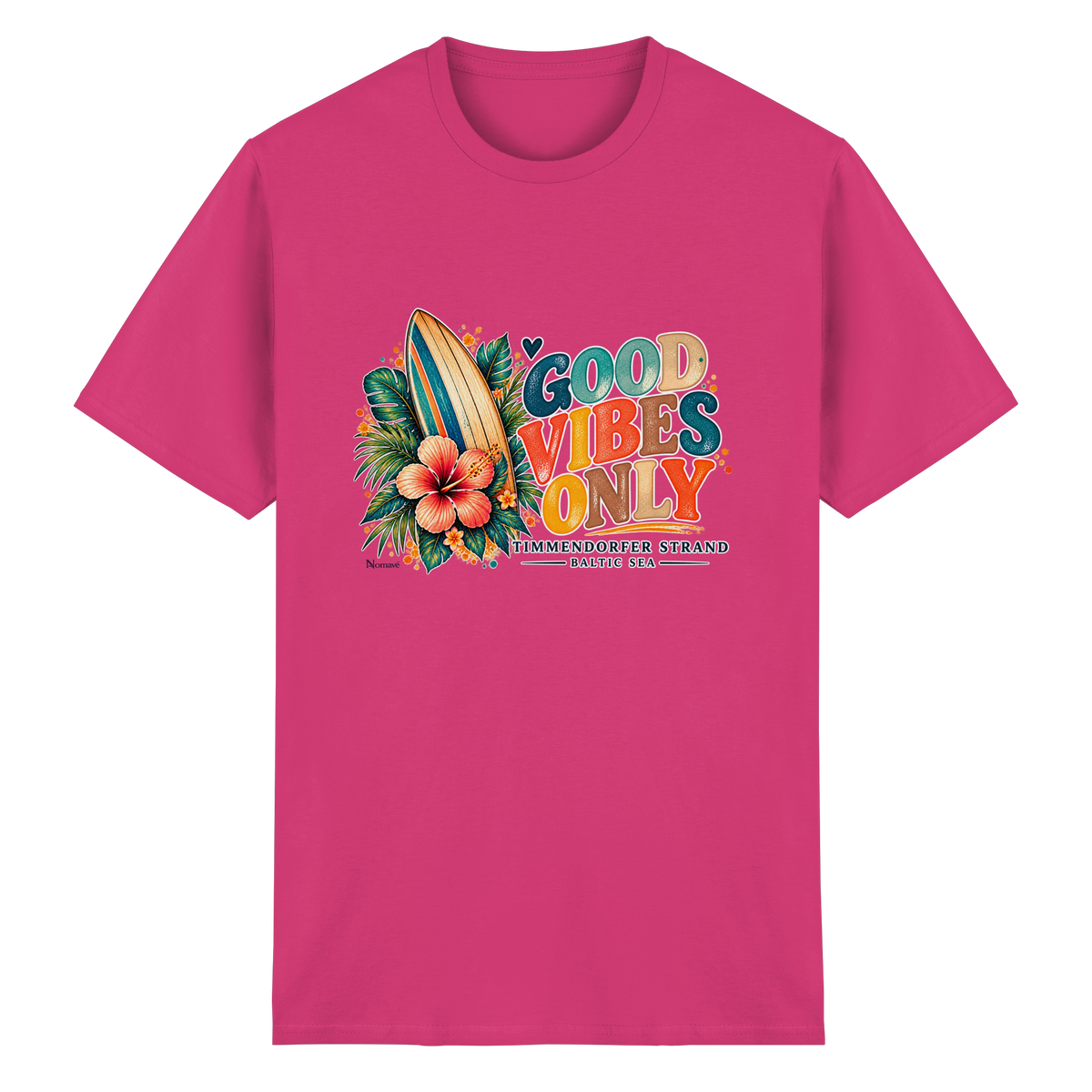 Timmendorfer Strand – Surf Vibes – Heavy-Cotton-T-Shirt mit Frontprint – Heliconia; originales Katalogmockup der Vorderansicht mit Frontprint.