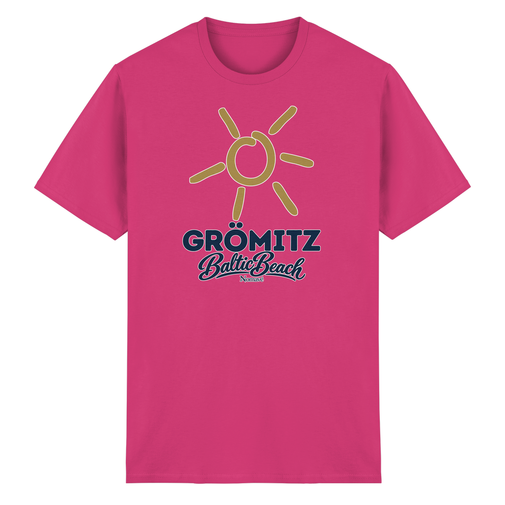 Essential T-Shirt Grömitz Sonne Baltic Beach in Heliconia – Frontdruck mit goldener Sonne, Shirtigo-Originalmockup 9