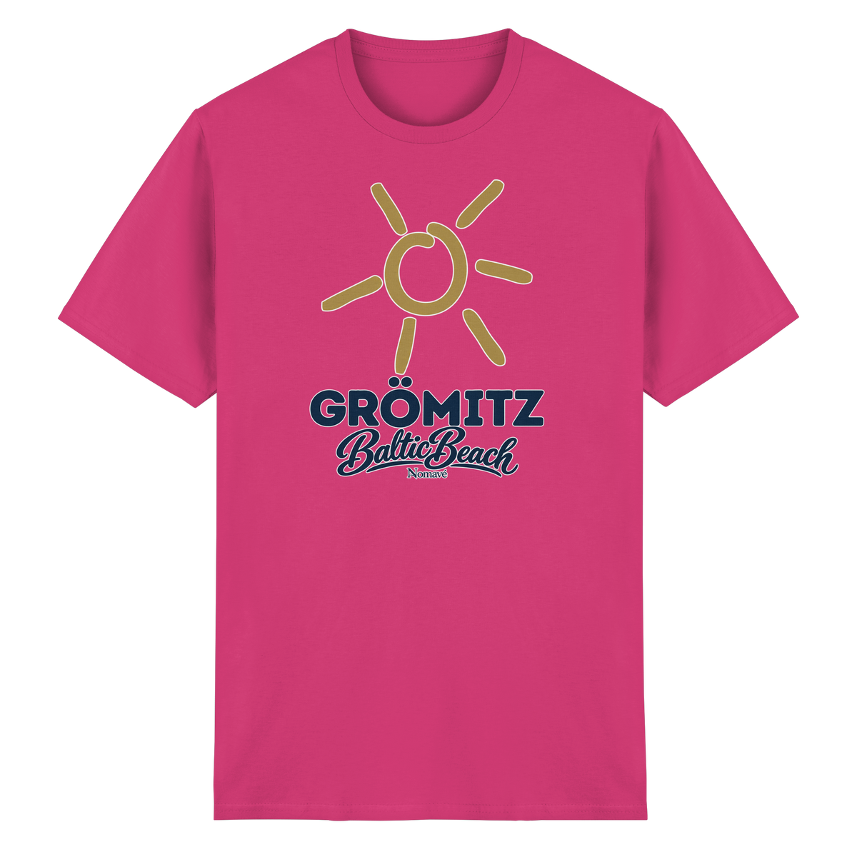 Essential T-Shirt Grömitz Sonne Baltic Beach in Heliconia – Frontdruck mit goldener Sonne, Shirtigo-Originalmockup 9
