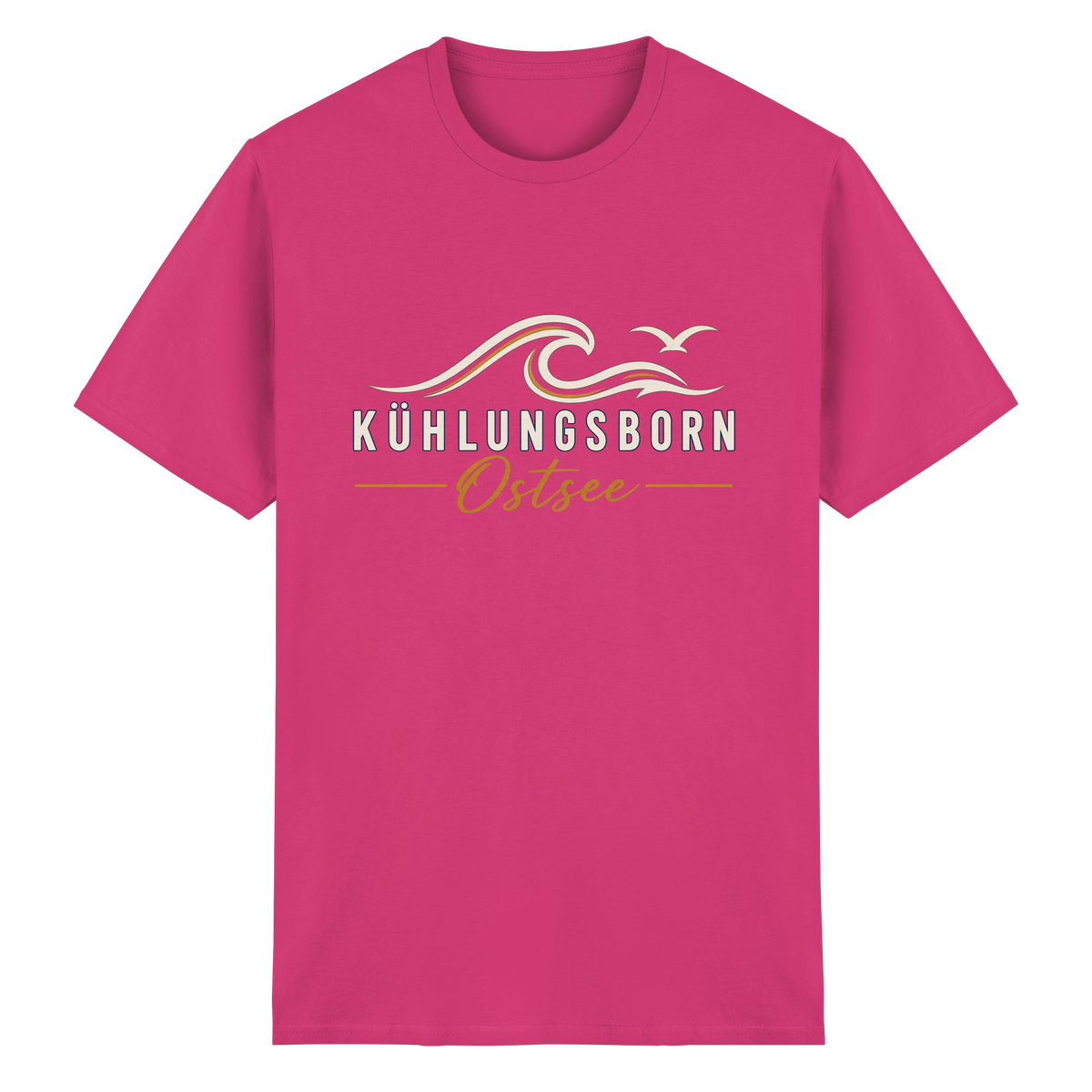 Kühlungsborn Baltic Waves Essential Unisex-T-Shirt Dark Edition in Heliconia – originales Shirtigo-Produktmockup