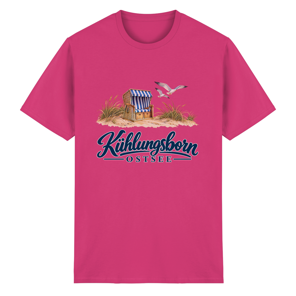 Unisex-T-Shirt Heavy Cotton Kühlungsborn – Strandkorb & Ostsee in Heliconia, Shirtigo-Originalmockup der Vorderseite mit Strandkorbmotiv.