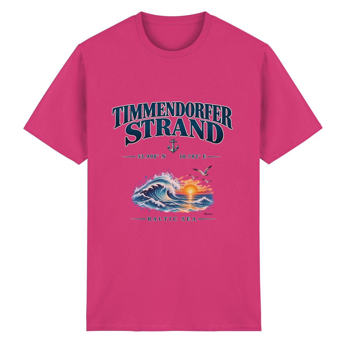 Original-Mockup 13: Unisex Heavy-Cotton-T-Shirt in Heliconia mit Timmendorfer Strand – Baltic Sea Frontprint.