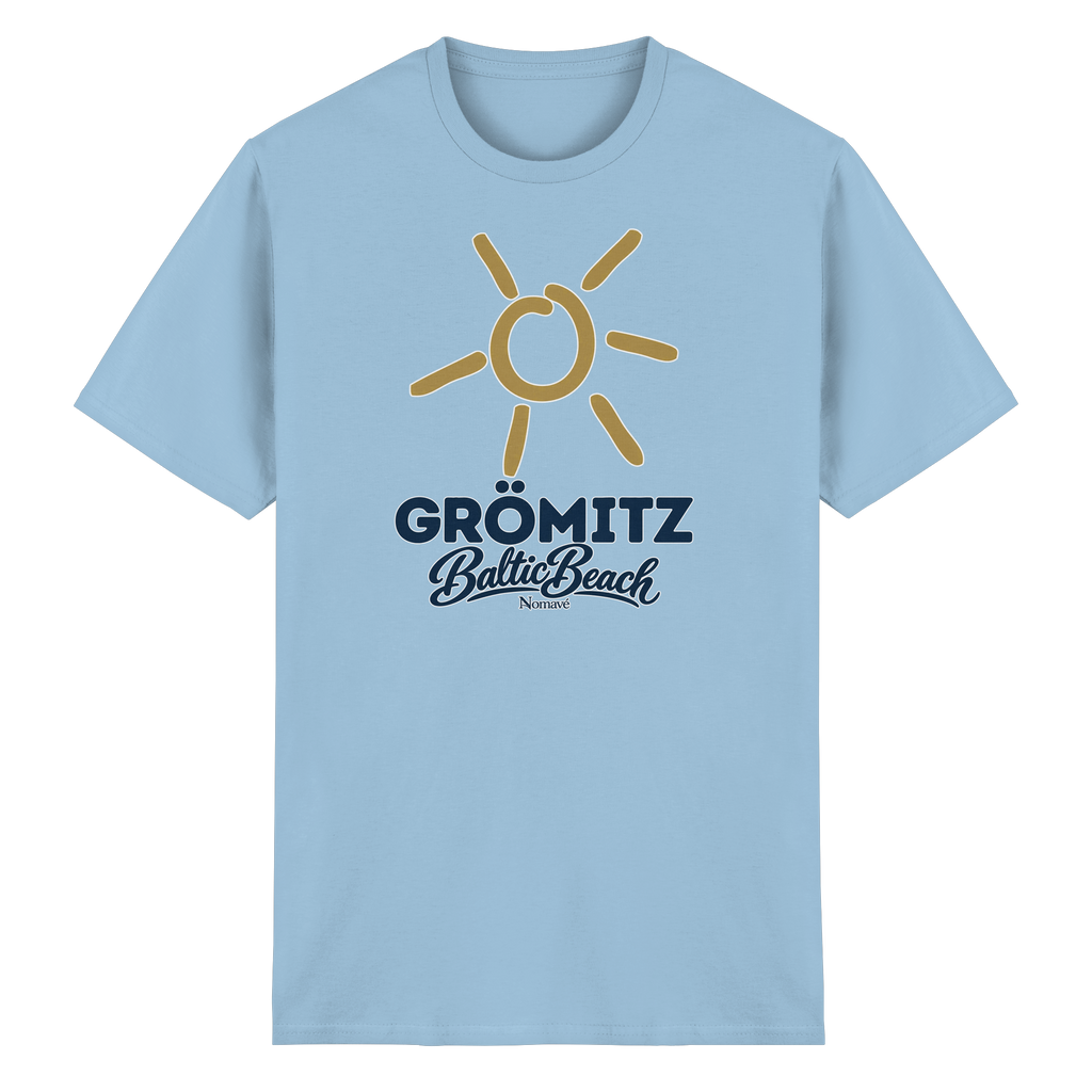 Essential T-Shirt Grömitz Sonne Baltic Beach in Light Blue – Frontdruck mit goldener Sonne, Shirtigo-Originalmockup 12