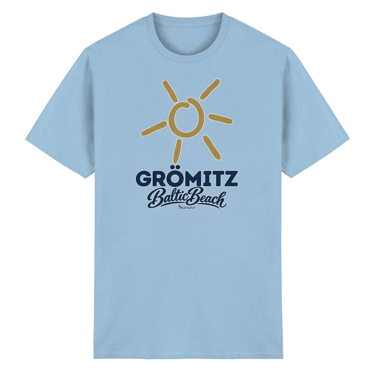 Essential T-Shirt Grömitz Sonne Baltic Beach in Light Blue – Frontdruck mit goldener Sonne, Shirtigo-Originalmockup 12