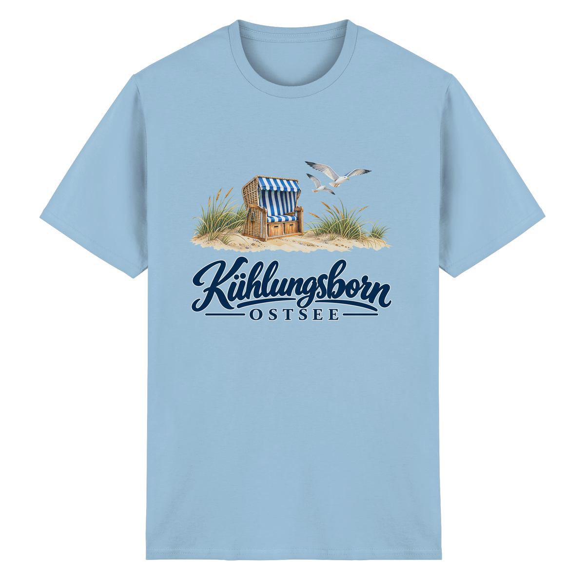 Unisex-T-Shirt Heavy Cotton Kühlungsborn – Strandkorb & Ostsee in Light Blue, Shirtigo-Originalmockup der Vorderseite mit Strandkorbmotiv.