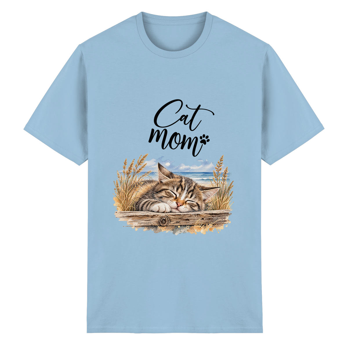 Unisex Heavy-Cotton-T-Shirt in Light Blue mit Cat-Mom-Katzenmotiv als Frontprint – Vorderansicht im Original-Mockup.