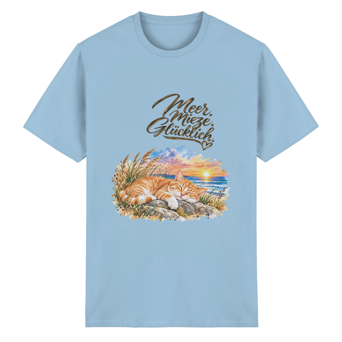Original-Mockup: Unisex Heavy-Cotton-T-Shirt in Light Blue mit Meer. Mieze. Glücklich.-Katzenmotiv auf der Vorderseite.