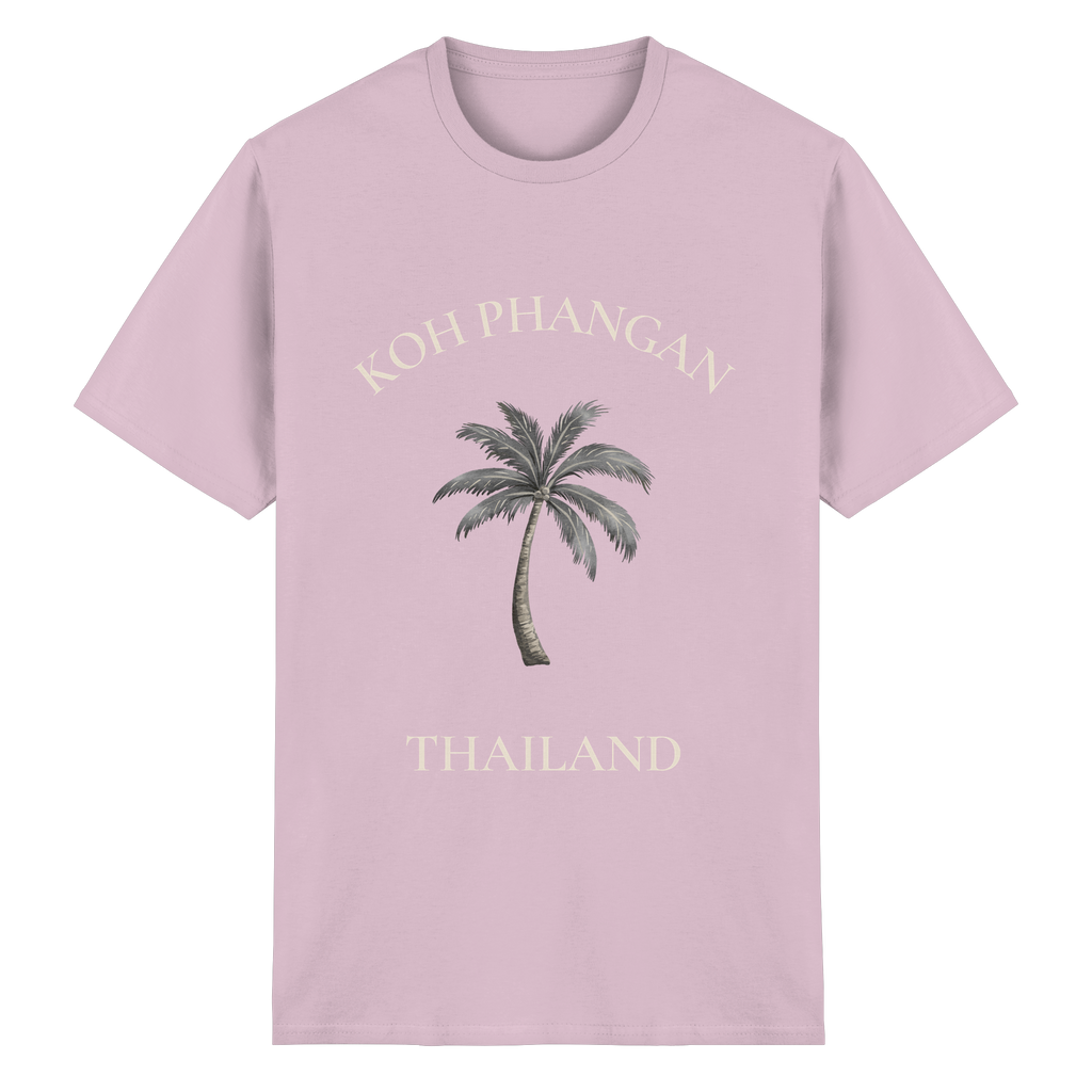 Original-Shirtigo-Mockup: Essential T-Shirt in Light Pink mit Koh Phangan Mini Palm Frontprint