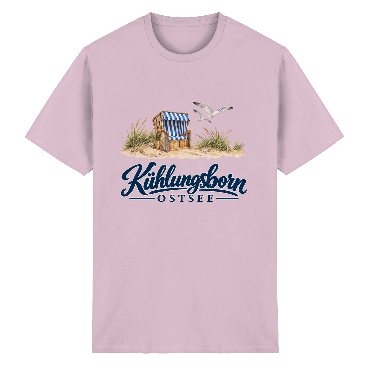 Unisex-T-Shirt Heavy Cotton Kühlungsborn – Strandkorb & Ostsee in Light Pink, Shirtigo-Originalmockup der Vorderseite mit Strandkorbmotiv.