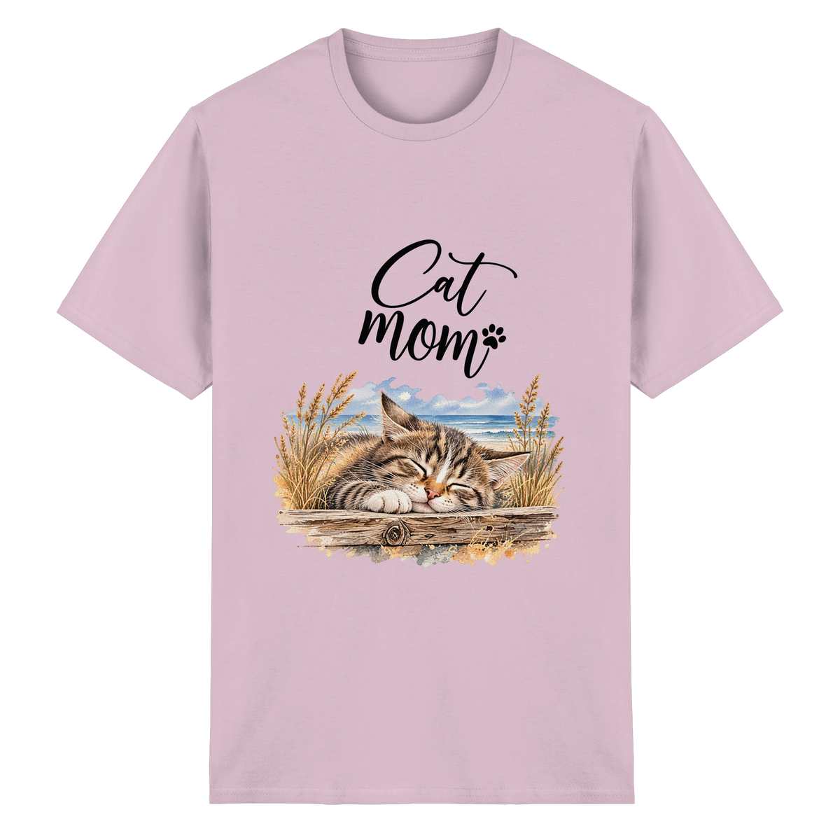 Unisex Heavy-Cotton-T-Shirt in Light Pink mit Cat-Mom-Katzenmotiv als Frontprint – Vorderansicht im Original-Mockup.