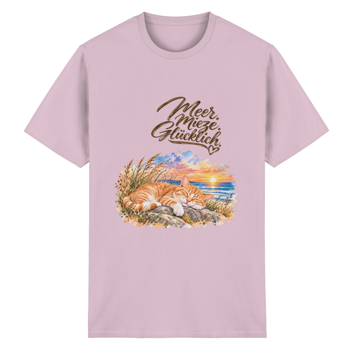 Original-Mockup: Unisex Heavy-Cotton-T-Shirt in Light Pink mit Meer. Mieze. Glücklich.-Katzenmotiv auf der Vorderseite.
