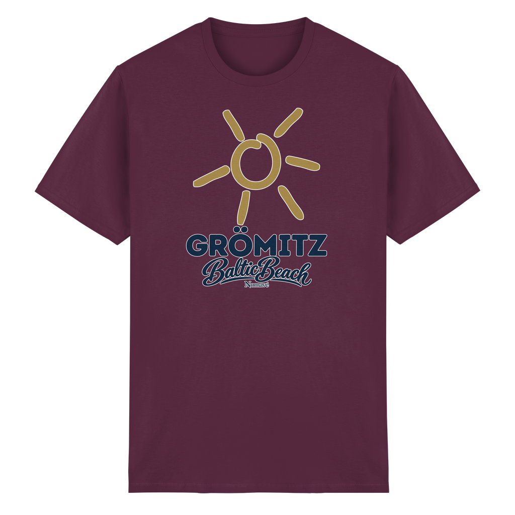 Essential T-Shirt Grömitz Sonne Baltic Beach in Maroon – Frontdruck mit goldener Sonne, Shirtigo-Originalmockup 10