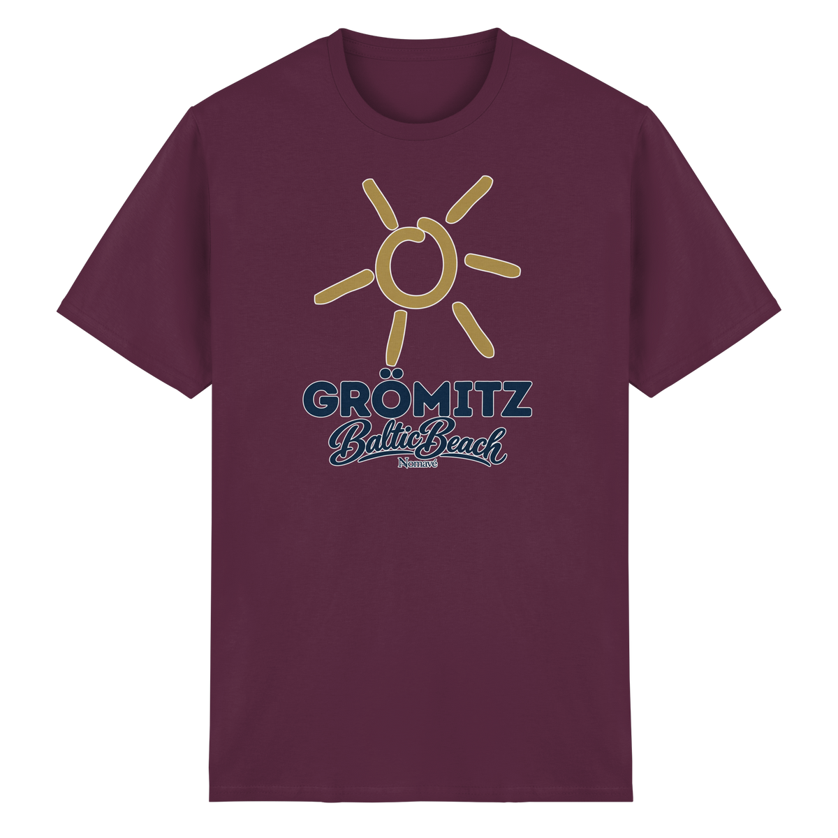 Essential T-Shirt Grömitz Sonne Baltic Beach in Maroon – Frontdruck mit goldener Sonne, Shirtigo-Originalmockup 10