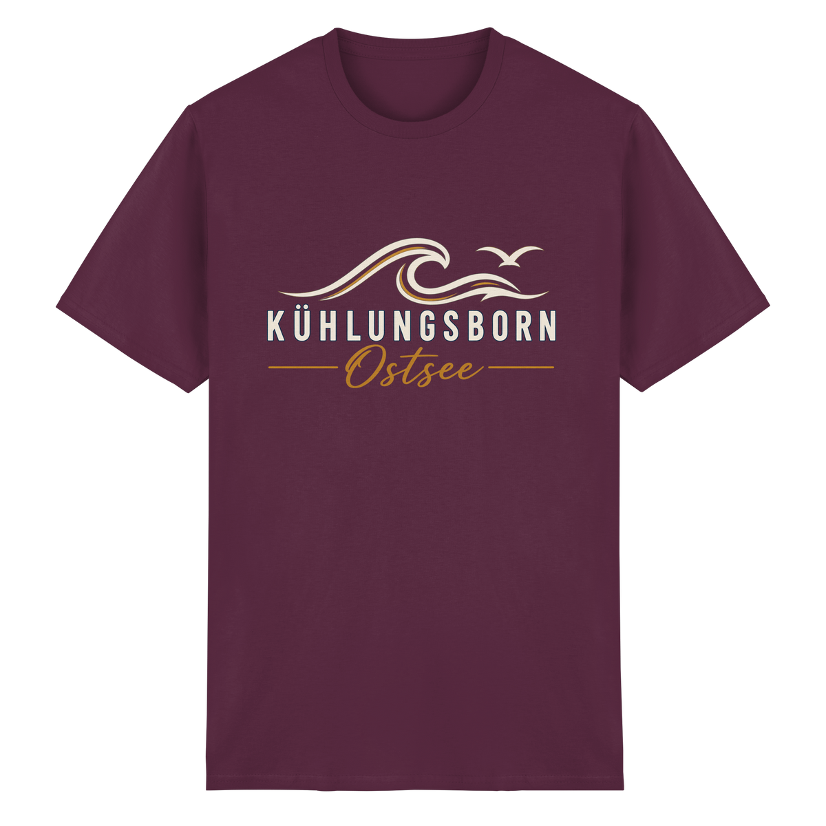 Kühlungsborn Baltic Waves Essential Unisex-T-Shirt Dark Edition in Maroon – originales Shirtigo-Produktmockup