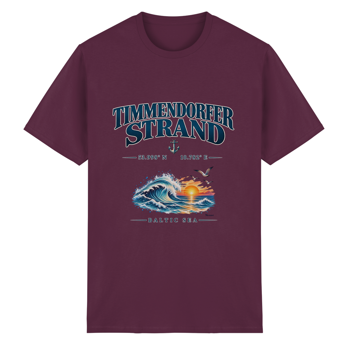 Original-Mockup 14: Unisex Heavy-Cotton-T-Shirt in Maroon mit Timmendorfer Strand – Baltic Sea Frontprint.