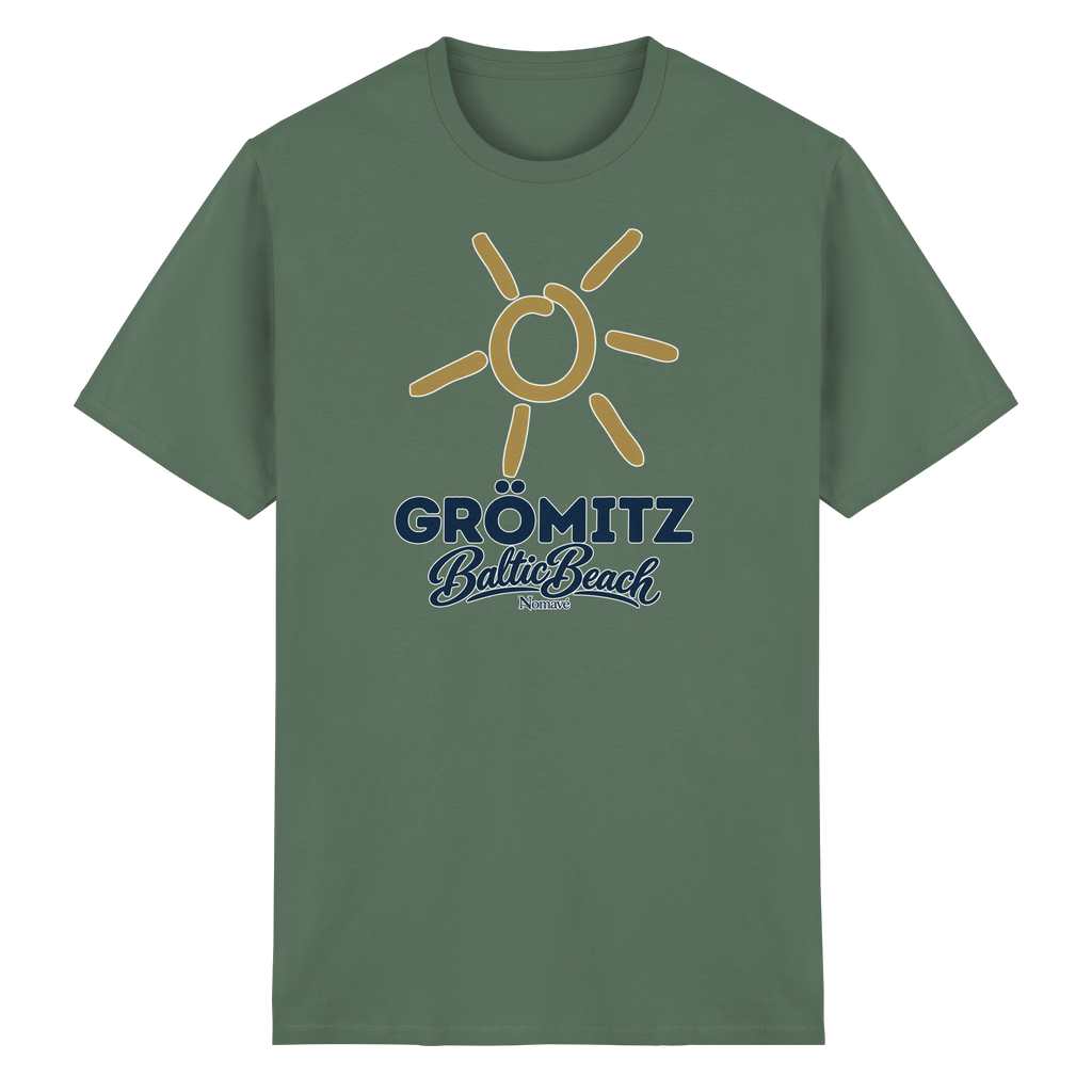 Essential T-Shirt Grömitz Sonne Baltic Beach in Military Green – Frontdruck mit goldener Sonne, Shirtigo-Originalmockup 6
