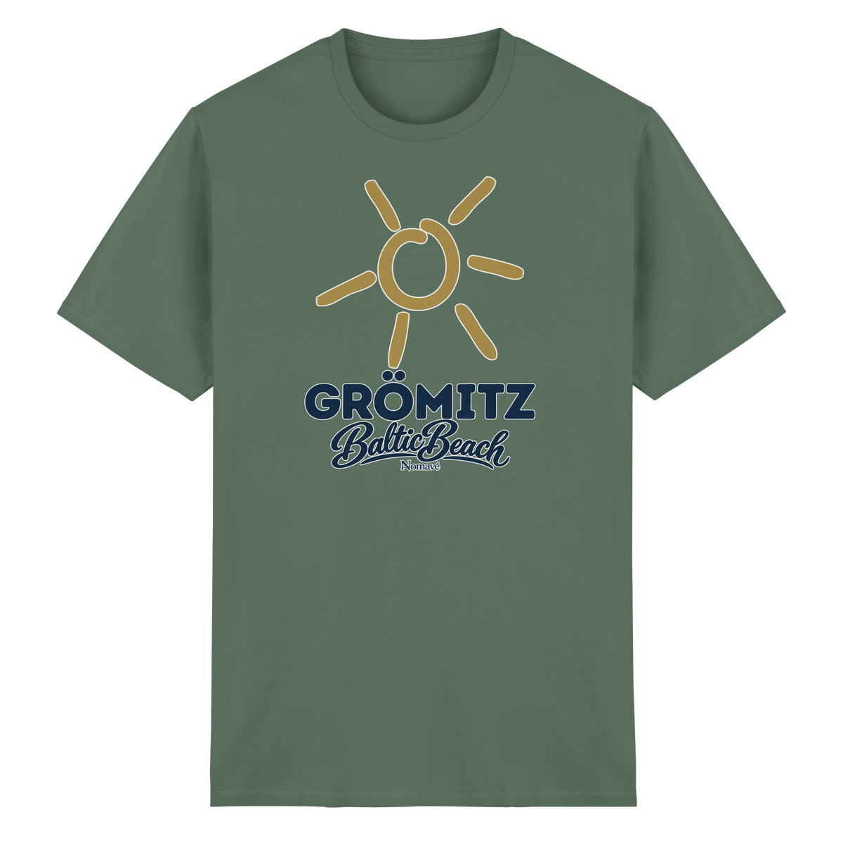 Essential T-Shirt Grömitz Sonne Baltic Beach in Military Green – Frontdruck mit goldener Sonne, Shirtigo-Originalmockup 6