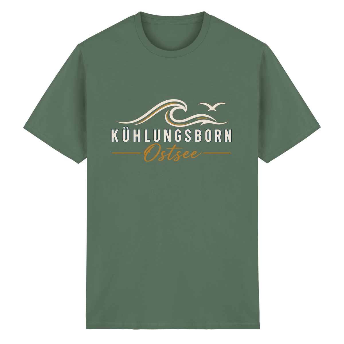 Kühlungsborn Baltic Waves Essential Unisex-T-Shirt Dark Edition in Military Green – originales Shirtigo-Produktmockup