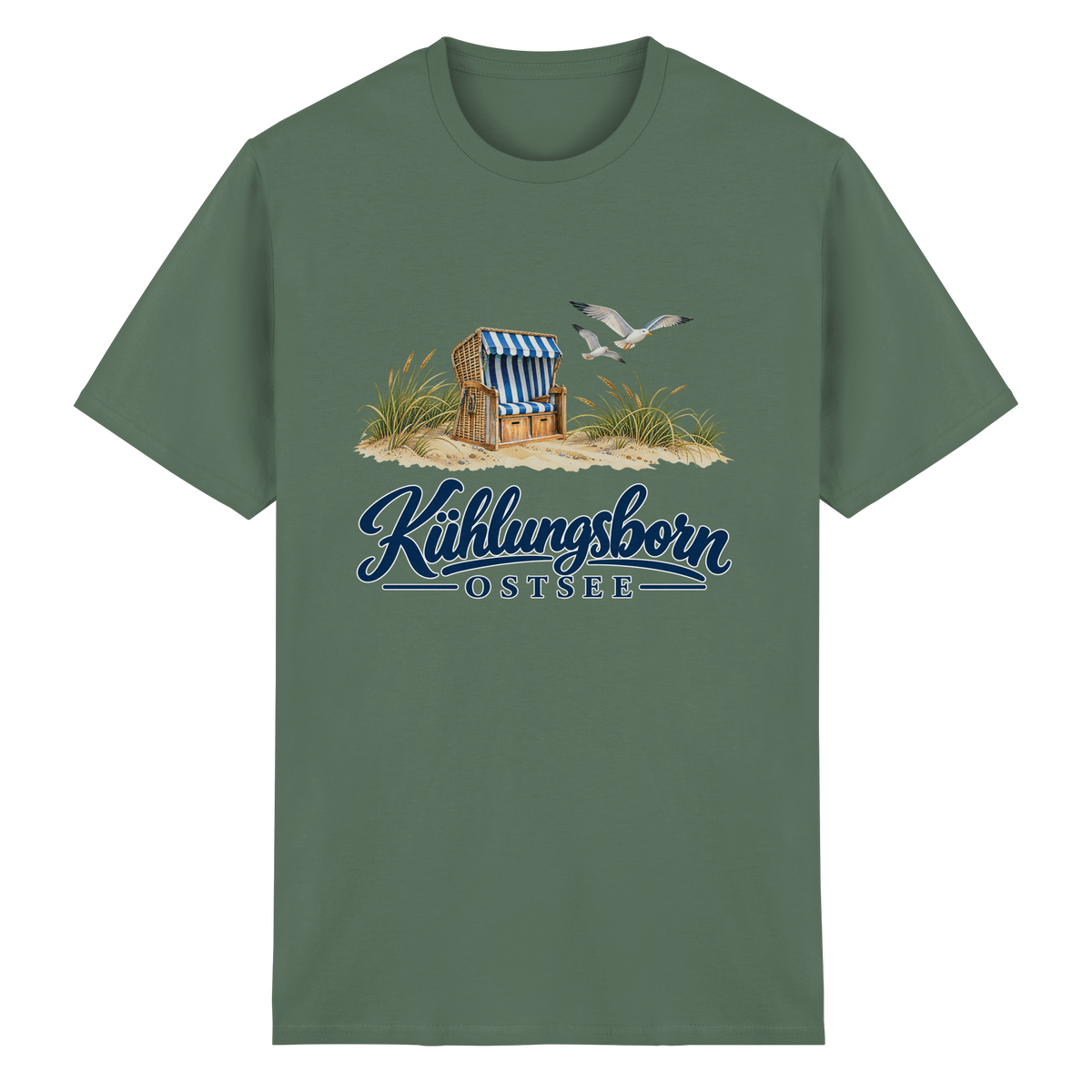 Unisex-T-Shirt Heavy Cotton Kühlungsborn – Strandkorb & Ostsee in Military Green, Shirtigo-Originalmockup der Vorderseite mit Strandkorbmotiv.
