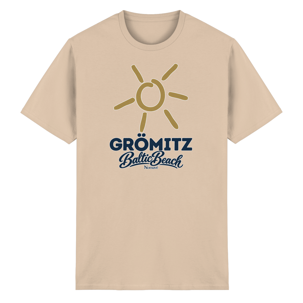 Essential T-Shirt Grömitz Sonne Baltic Beach in Natural – Frontdruck mit goldener Sonne, Shirtigo-Originalmockup 1