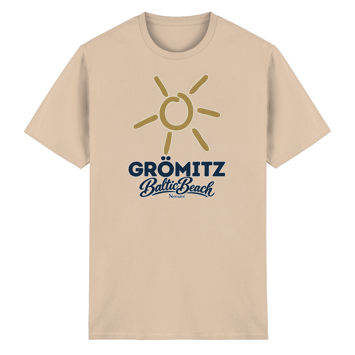 Essential T-Shirt Grömitz Sonne Baltic Beach in Natural – Frontdruck mit goldener Sonne, Shirtigo-Originalmockup 1