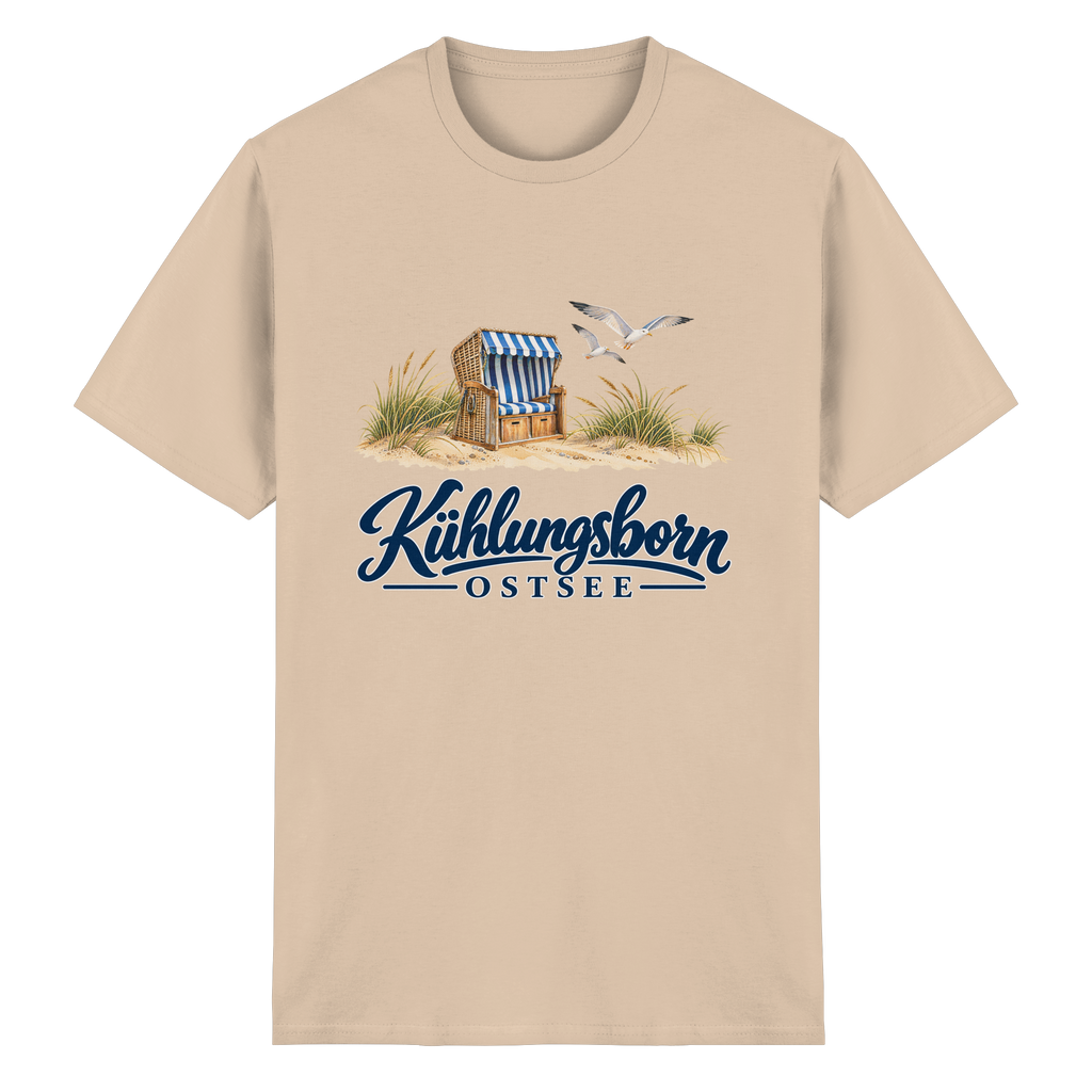 Unisex-T-Shirt Heavy Cotton Kühlungsborn – Strandkorb & Ostsee in Natural, Shirtigo-Originalmockup der Vorderseite mit Strandkorbmotiv.
