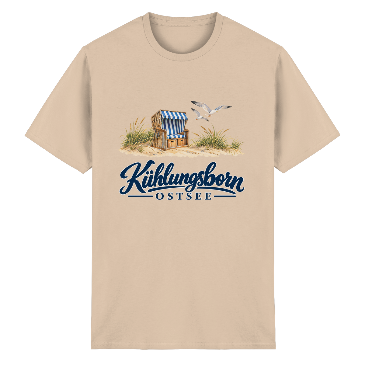 Unisex-T-Shirt Heavy Cotton Kühlungsborn – Strandkorb & Ostsee in Natural, Shirtigo-Originalmockup der Vorderseite mit Strandkorbmotiv.