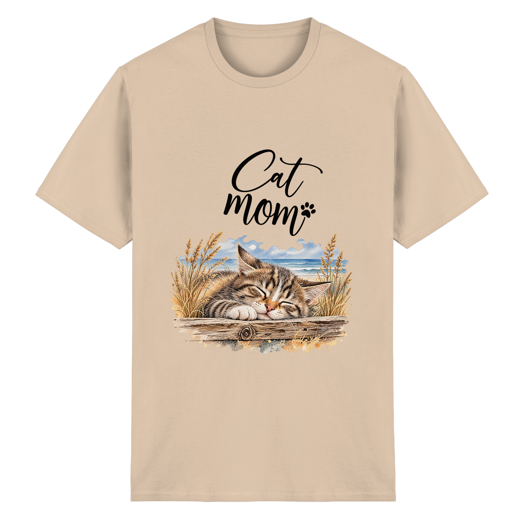Unisex Heavy-Cotton-T-Shirt in Natural mit Cat-Mom-Katzenmotiv als Frontprint – Vorderansicht im Original-Mockup.