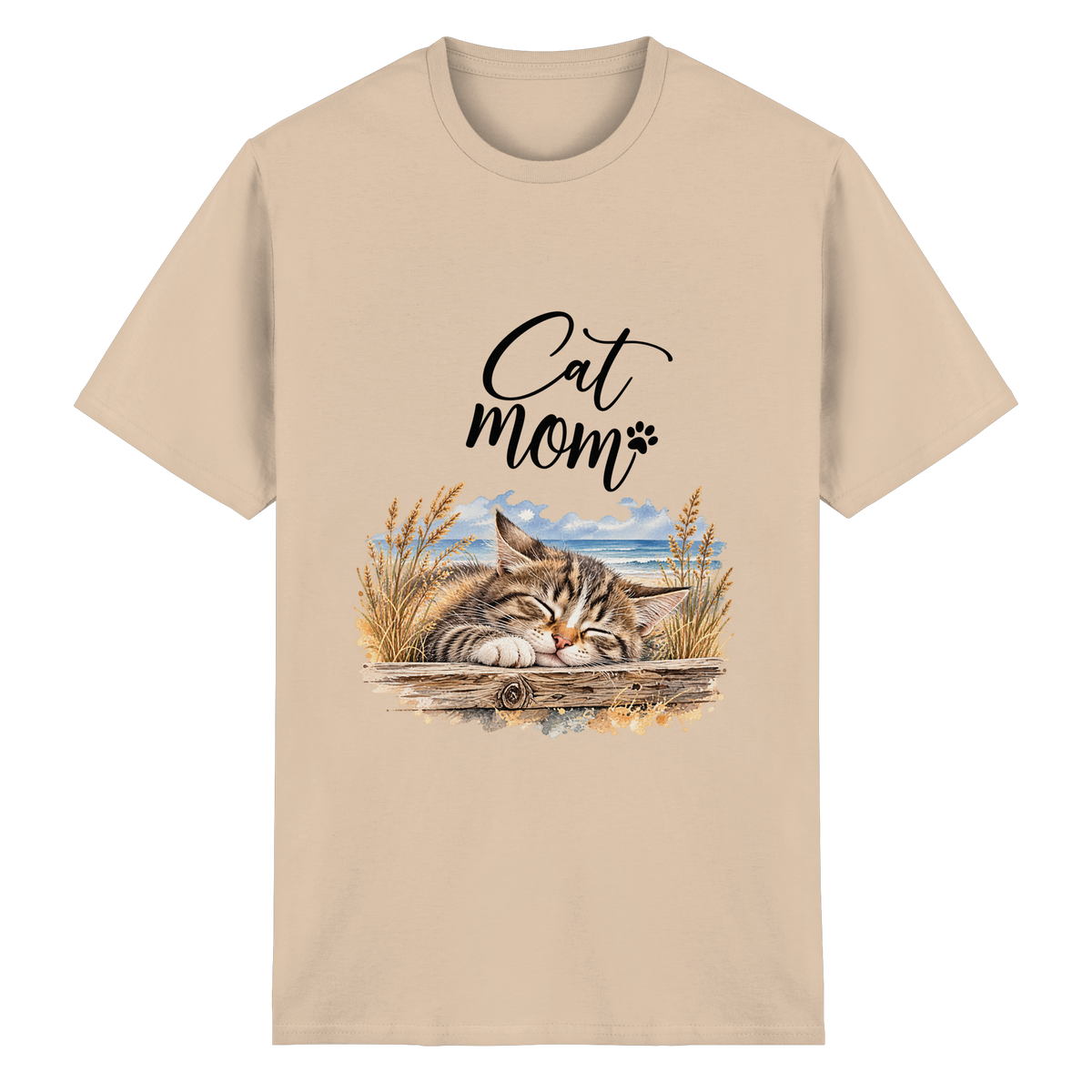 Unisex Heavy-Cotton-T-Shirt in Natural mit Cat-Mom-Katzenmotiv als Frontprint – Vorderansicht im Original-Mockup.