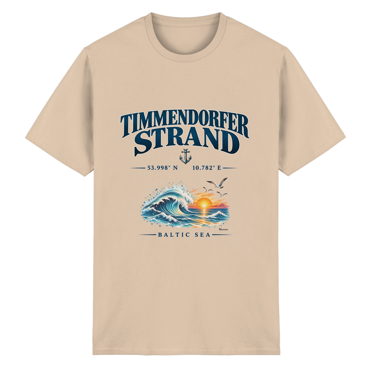 Original-Mockup 1: Unisex Heavy-Cotton-T-Shirt in Natural mit Timmendorfer Strand – Baltic Sea Frontprint.