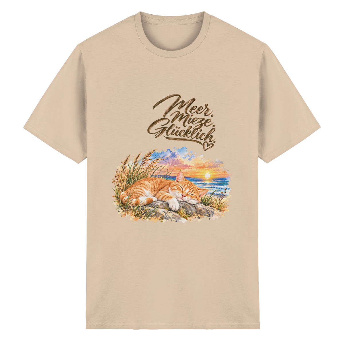 Original-Mockup: Unisex Heavy-Cotton-T-Shirt in Natural mit Meer. Mieze. Glücklich.-Katzenmotiv auf der Vorderseite.