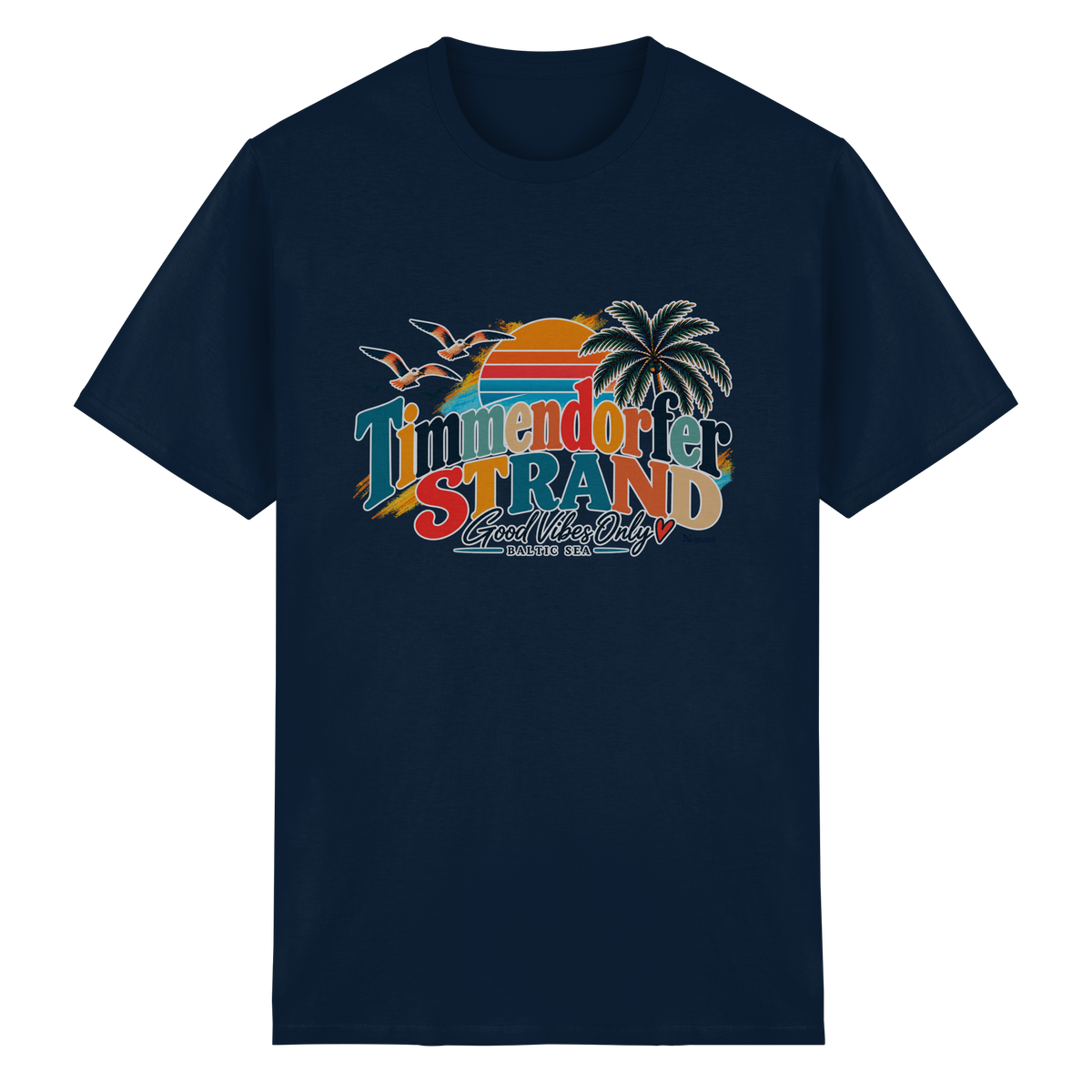Vorderansicht des Essential-T-Shirts in Navy mit Timmendorfer-Strand-Good-Vibes-Only-Frontprint aus Sonnenuntergang, Palmen und Möwen.