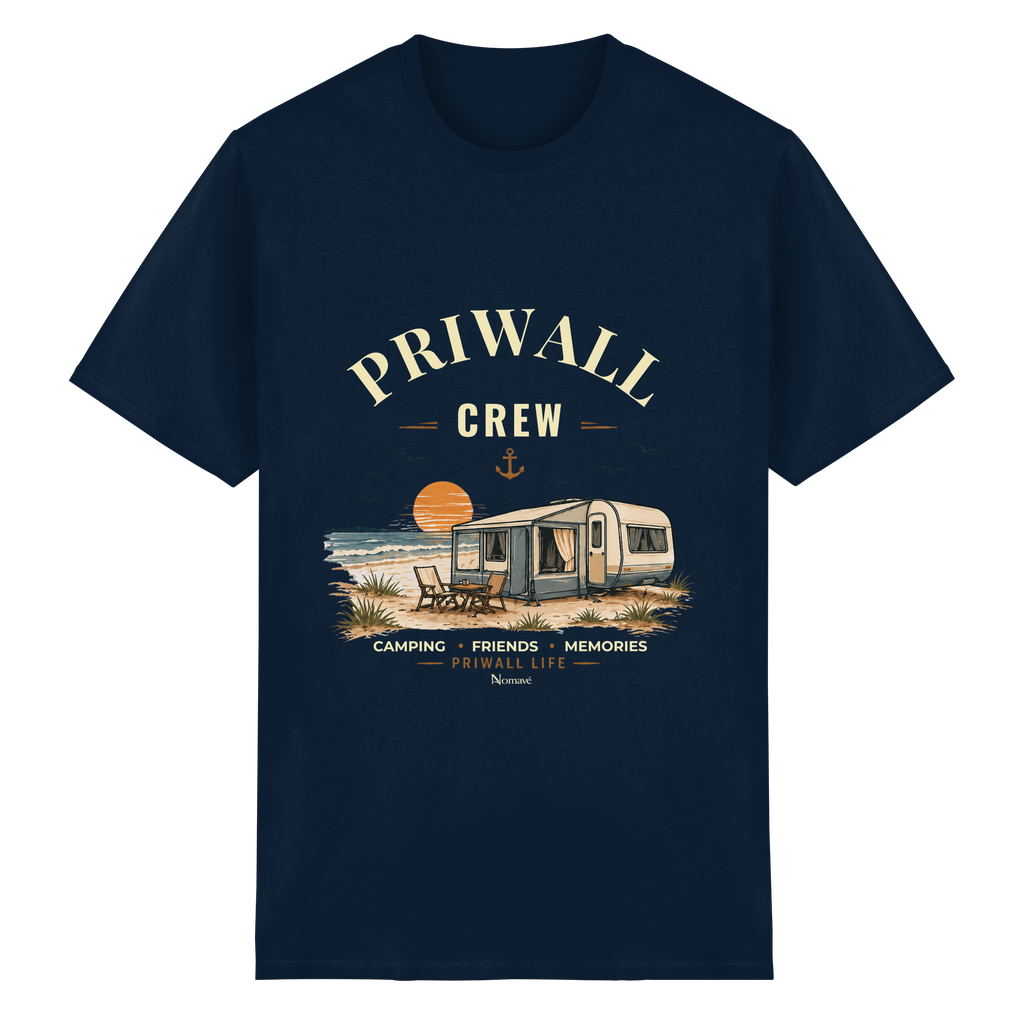 Essential T-Shirt in Navy mit korrigiertem Priwall-Crew-Motiv der Dark Edition – Vorderansicht
