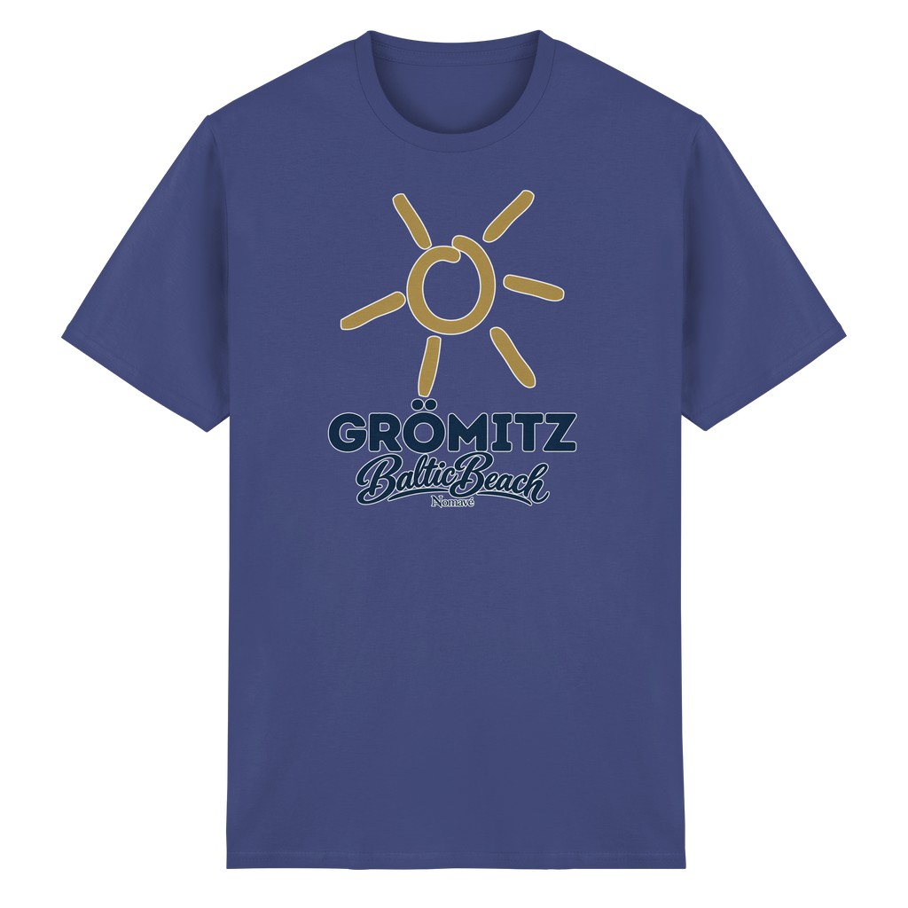 Essential T-Shirt Grömitz Sonne Baltic Beach in Purple – Frontdruck mit goldener Sonne, Shirtigo-Originalmockup 15