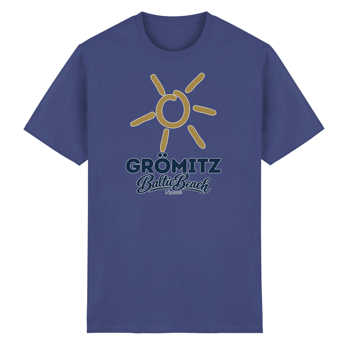 Essential T-Shirt Grömitz Sonne Baltic Beach in Purple – Frontdruck mit goldener Sonne, Shirtigo-Originalmockup 15