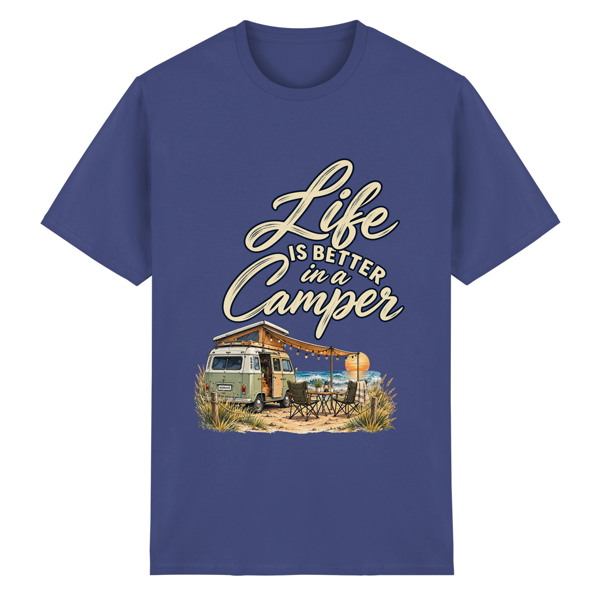 Essential T-Shirt in Purple mit „Life is better in a Camper“-Motiv – Vorderansicht für Vanlife- und Campingfans