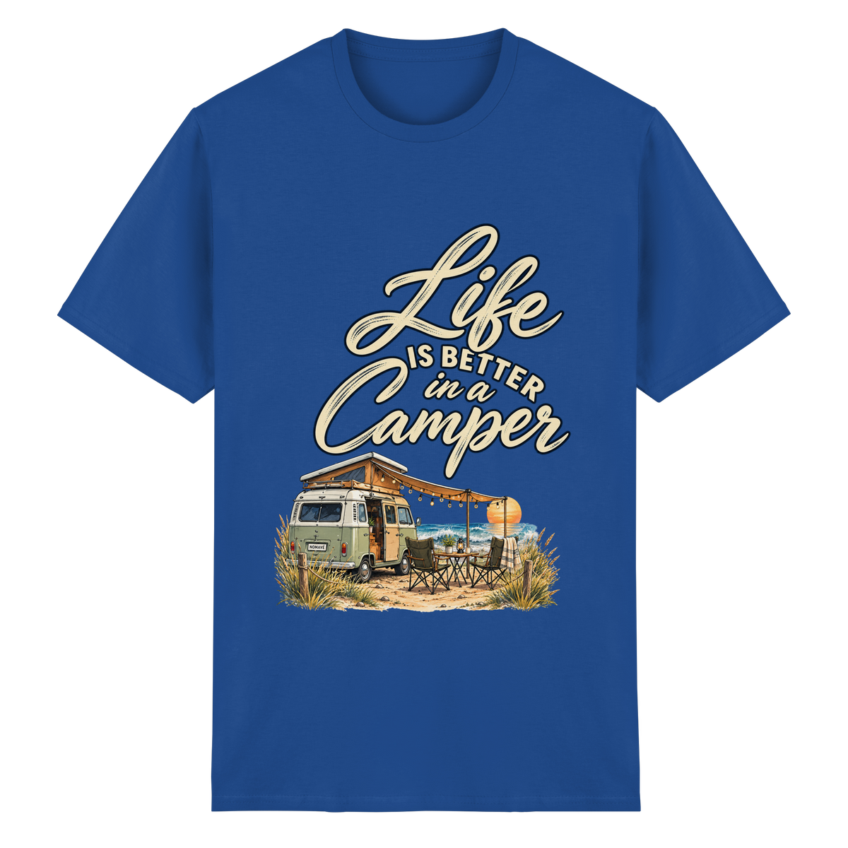 Essential T-Shirt in Royal mit „Life is better in a Camper“-Motiv – Vorderansicht für Vanlife- und Campingfans