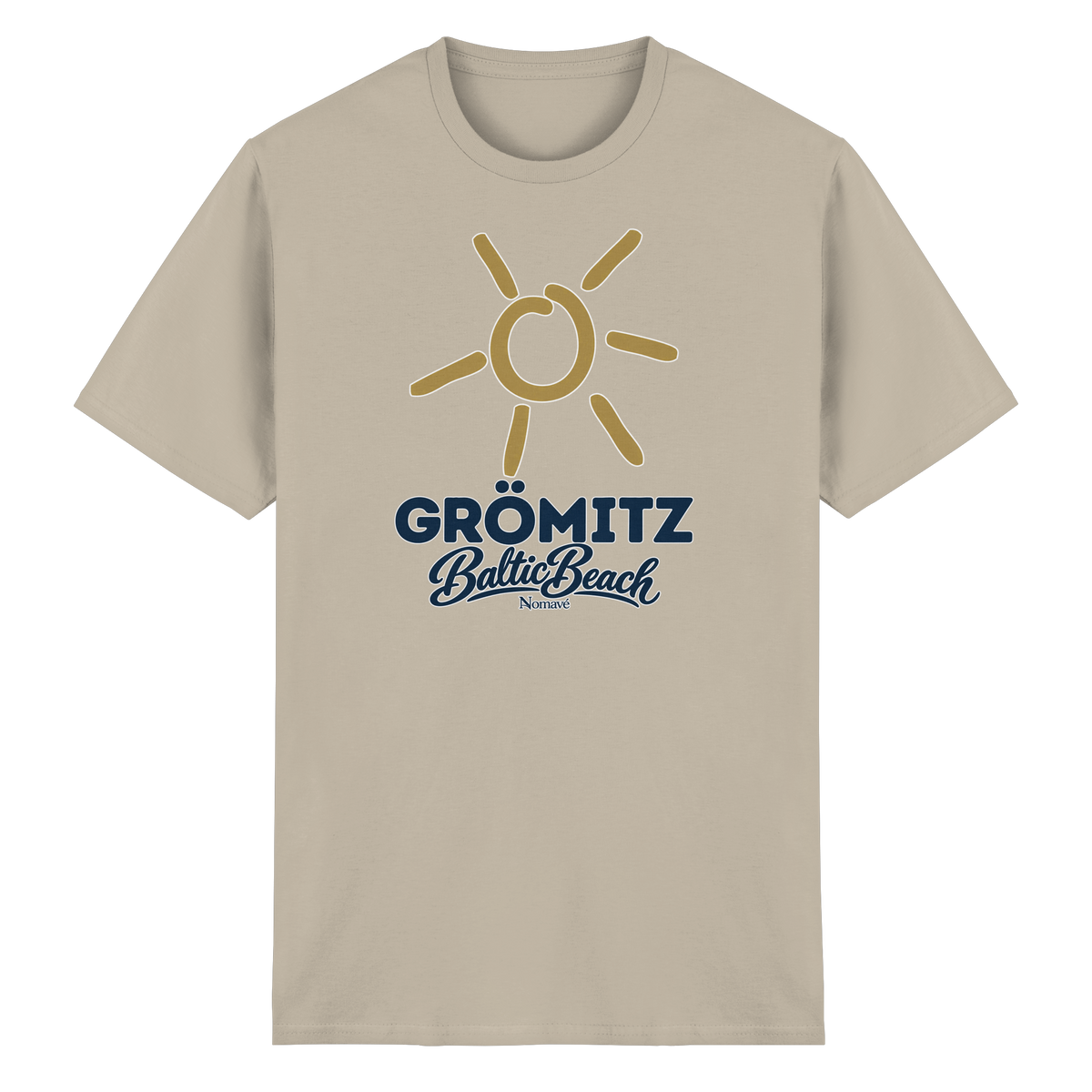 Essential T-Shirt Grömitz Sonne Baltic Beach in Sand – Frontdruck mit goldener Sonne, Shirtigo-Originalmockup 5