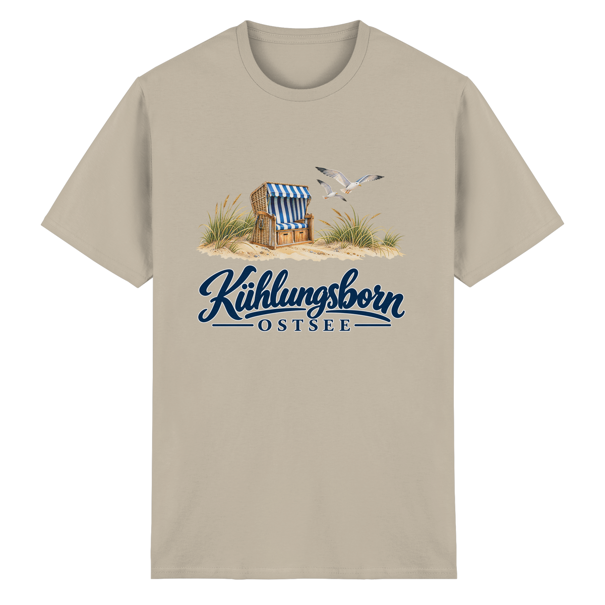 Unisex-T-Shirt Heavy Cotton Kühlungsborn – Strandkorb & Ostsee in Sand, Shirtigo-Originalmockup der Vorderseite mit Strandkorbmotiv.