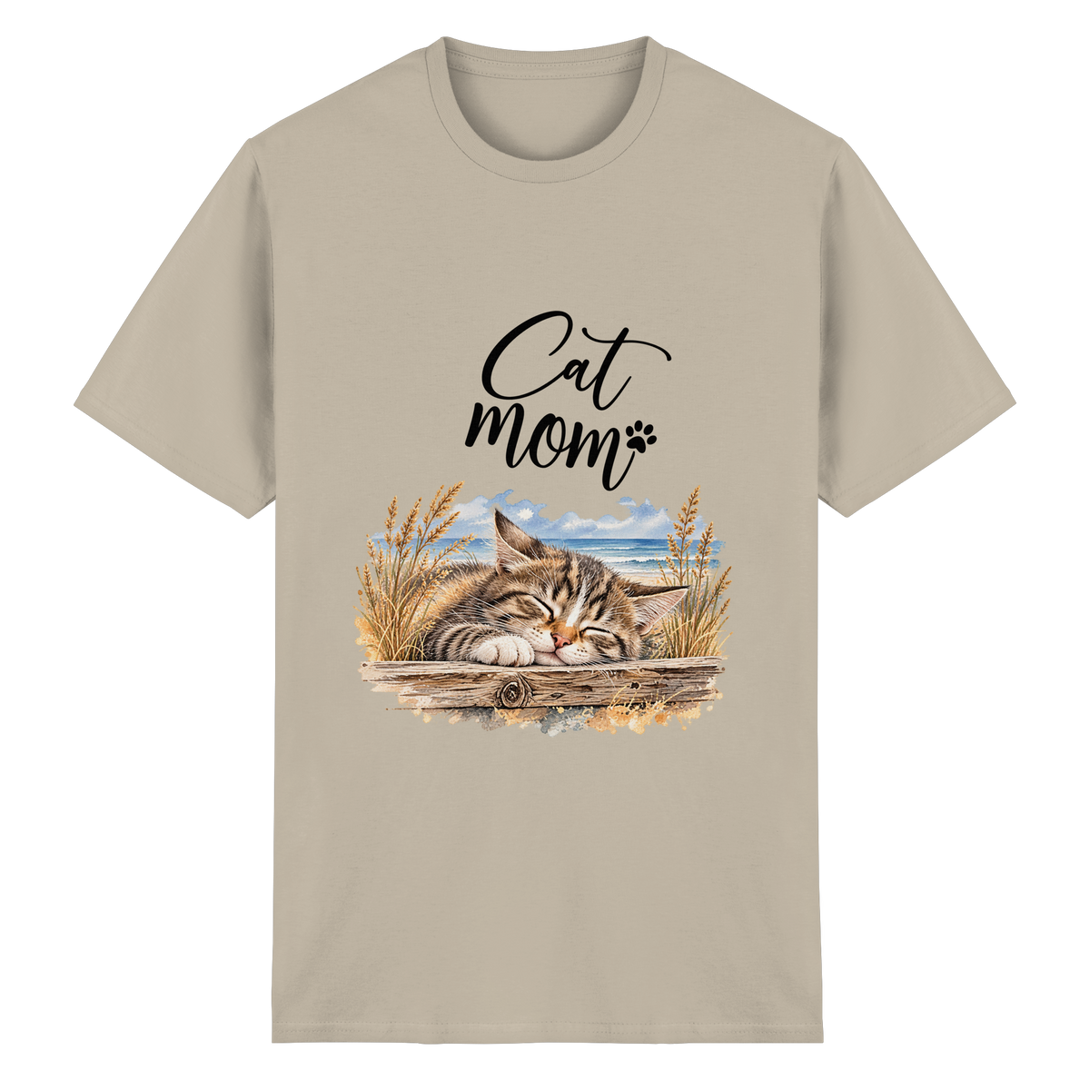 Unisex Heavy-Cotton-T-Shirt in Sand mit Cat-Mom-Katzenmotiv als Frontprint – Vorderansicht im Original-Mockup.