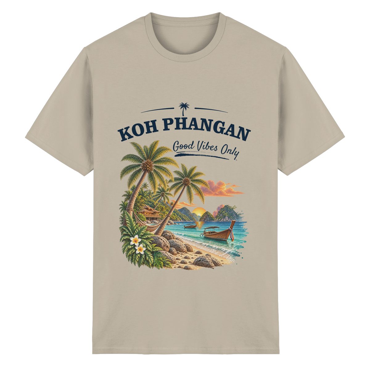 Koh Phangan Good Vibes Only – Essential T-Shirt – Original-Mockup heavy cotton t shirt sand mit Frontprint