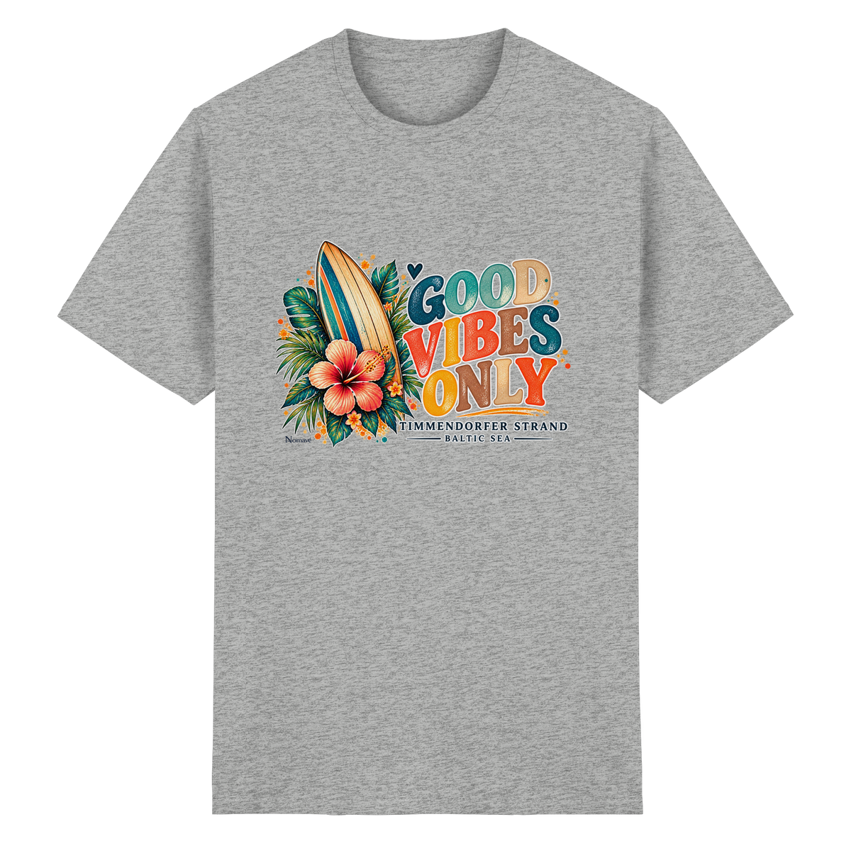 Timmendorfer Strand – Surf Vibes – Heavy-Cotton-T-Shirt mit Frontprint – Produktvariante; originales Katalogmockup der Vorderansicht mit Frontprint.
