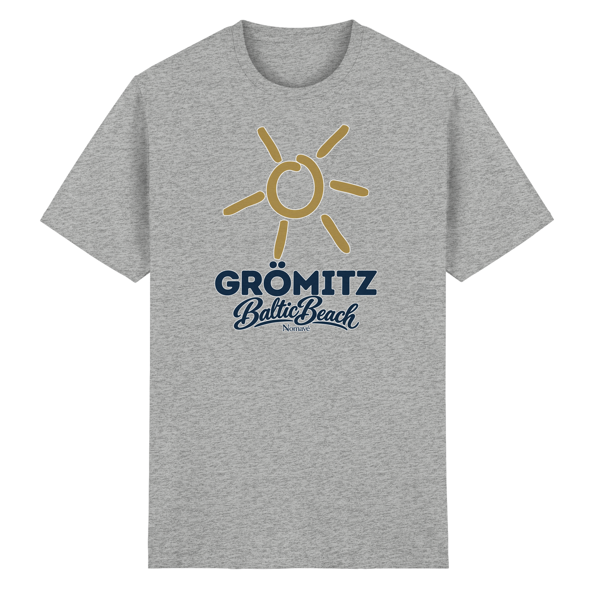 Essential T-Shirt Grömitz Sonne Baltic Beach in Sport Grey (meliert) – Frontdruck mit goldener Sonne, Shirtigo-Originalmockup 3