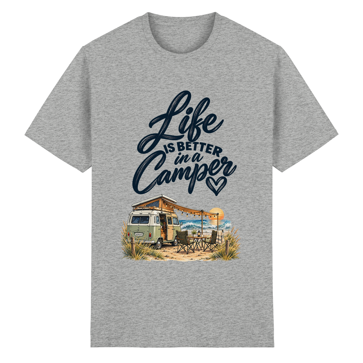 Essential T-Shirt mit „Life is better in a Camper“-Motiv – Vorderansicht in Sport Grey Meliert für Vanlife- und Campingfans