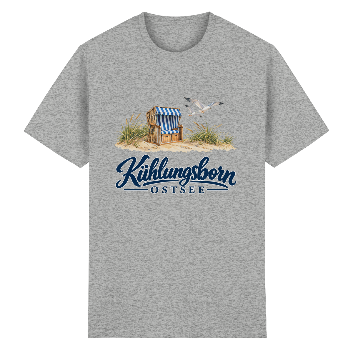 Unisex-T-Shirt Heavy Cotton Kühlungsborn – Strandkorb & Ostsee in Sport Grey (meliert), Shirtigo-Originalmockup der Vorderseite mit Strandkorbmotiv.