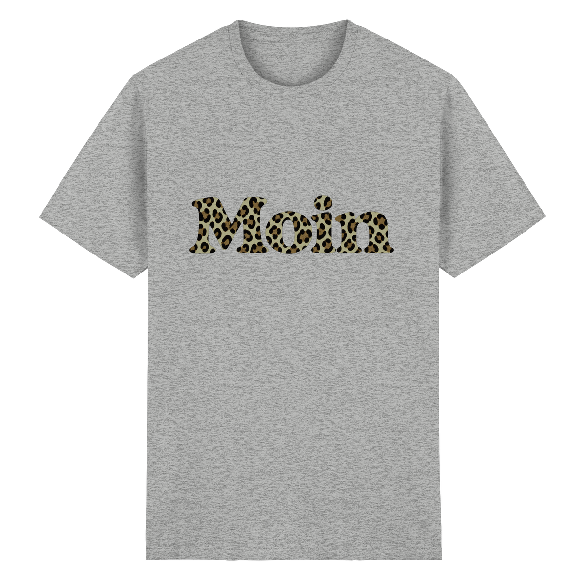 Original-Shirtigo-Mockup: Essential Unisex T-Shirt in Sport Grey (meliert) mit „Moin“ im salbeigrünen Leoprint auf der Vorderseite
