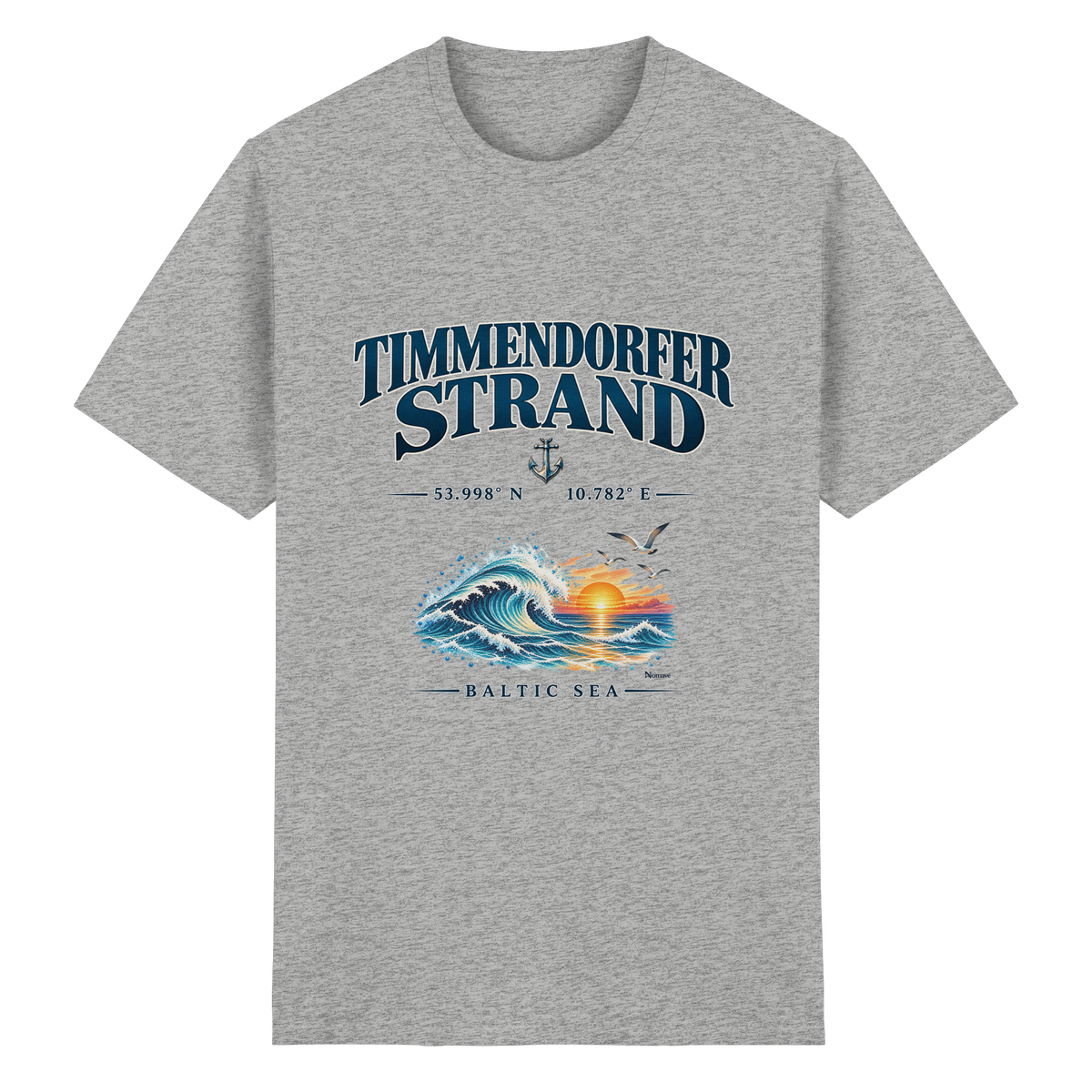 Original-Mockup 3: Unisex Heavy-Cotton-T-Shirt in Sport Grey (meliert) mit Timmendorfer Strand – Baltic Sea Frontprint.