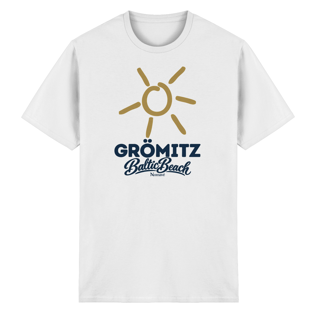 Essential T-Shirt Grömitz Sonne Baltic Beach in White – Frontdruck mit goldener Sonne, Shirtigo-Originalmockup 2