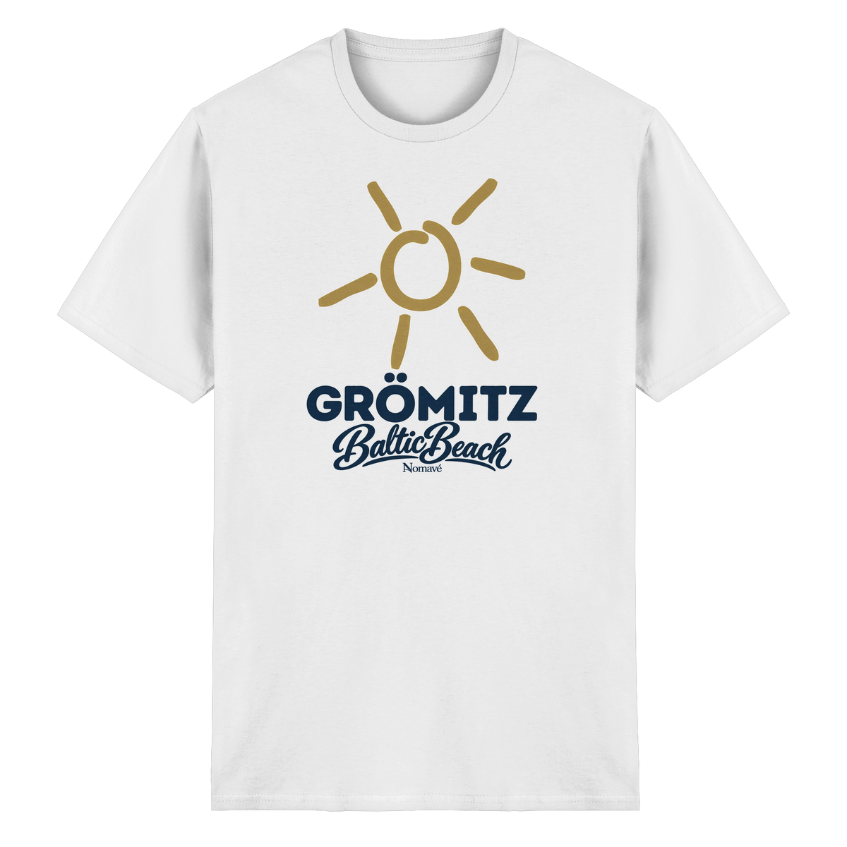 Essential T-Shirt Grömitz Sonne Baltic Beach in White – Frontdruck mit goldener Sonne, Shirtigo-Originalmockup 2